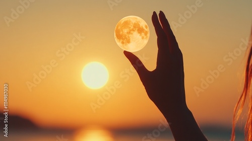 Close-up of a hand touching the moon as the sun sets in the distance, creating a surreal celestial composition.. Symbolism of striving for the unattainable.  photo