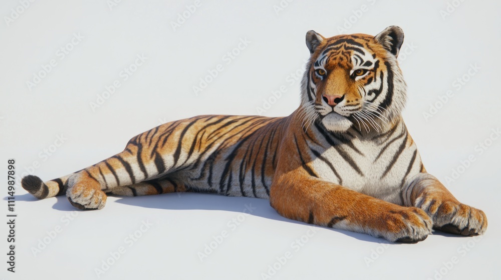Obraz premium Realistic tiger lying down on a plain background 