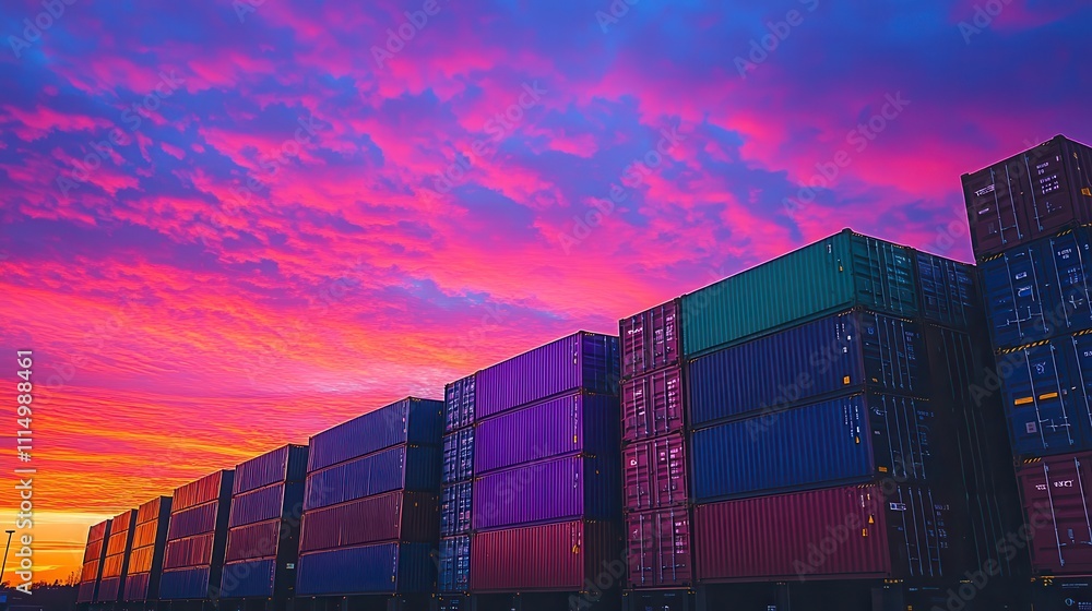 Fototapeta premium Vibrant Sunset over Colorful Shipping Containers Global Trade Logistics