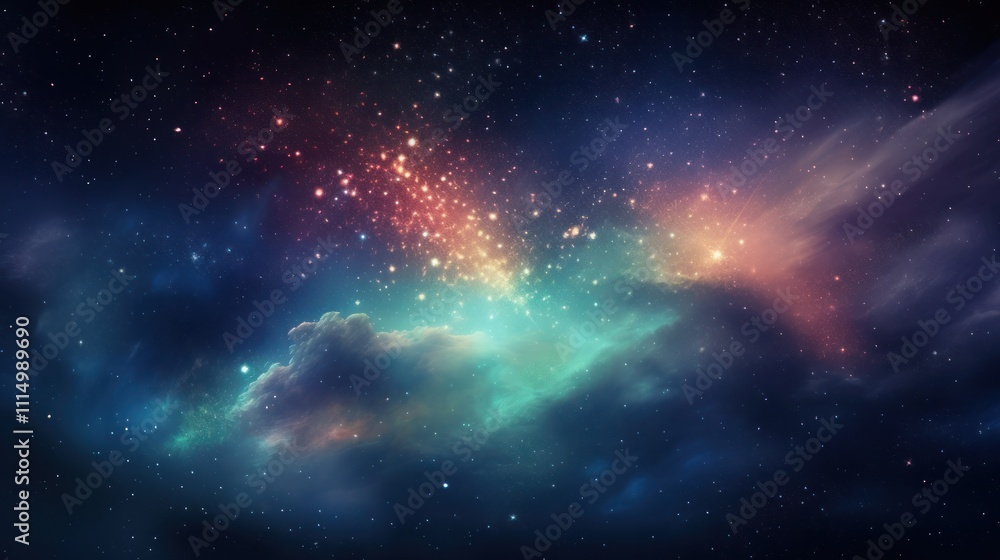 Fototapeta premium A wide-angle shot of a galaxy cluster with bright stars and cosmic dust creating a colorful and dynamic space environment