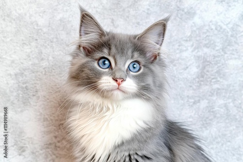 minimal photostock of a  Funny large longhair gray tabby cute kitten with beautiful blue eyes
