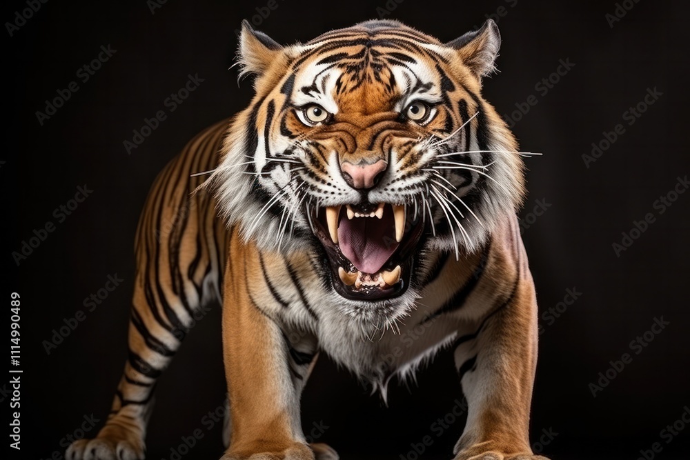 Fototapeta premium Powerful Malayan tiger mid-roar showing sharp claws and teeth isolated on black background