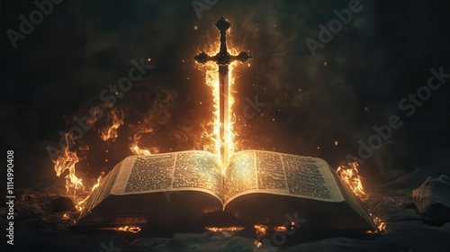 dramatic visualization of a flaming sword hovering over an open bible, symbolizing the word of god as powerful and living, in intense light photo