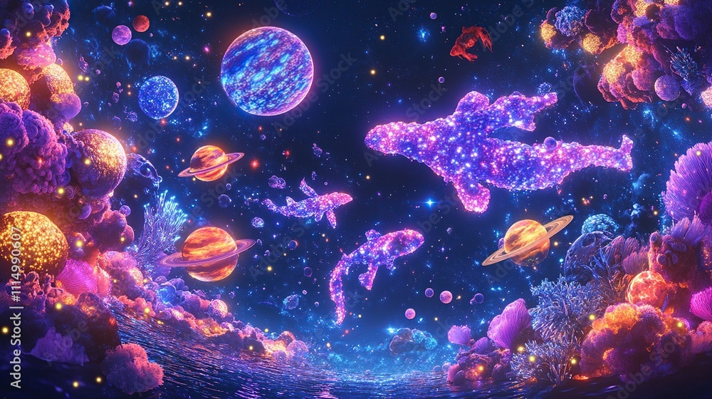 Cosmic coral reef with glowing fish and planets. Cosmic coral reef with glowing fish and planets.