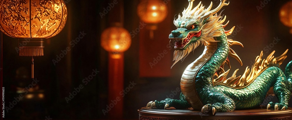 Fototapeta premium A stunning dragon statue on an ornate pedestal, ideal for Asian-themed decor, cultural events, or fantasy designs. Perfect for showcasing mystique and grandeur.