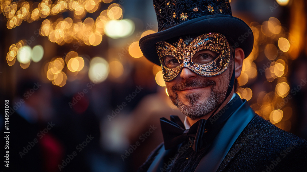 Fototapeta premium Elegant masked man in festive attire at a lively celebration during evening hours