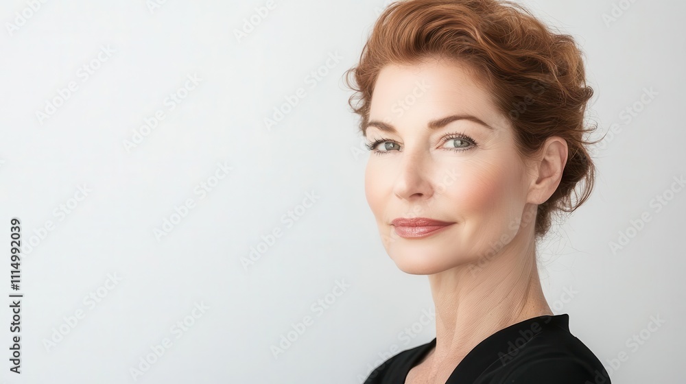 Fototapeta premium elegant 50s mid-aged woman with smooth, glowing skin, isolated on a white background, embodying timeless beauty and elegance, beauty and skincare concept