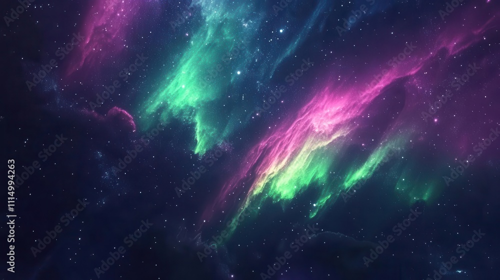 Obraz premium ethereal northern lights, vibrant auroras dance across starry skies, mystical hues of green and purple, serene night landscape, celestial spectacle, magical ambiance