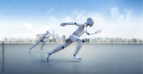 Artificial intelligence robot for smart city with 3d rendering assistant robot run or move ahead in city