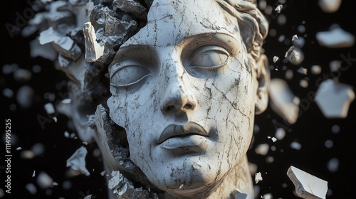 falling pieces of an ancient greek statue head, broken marble, symbolizing memory loss and mental fragility, artistic and conceptual design, evocative imagery photo