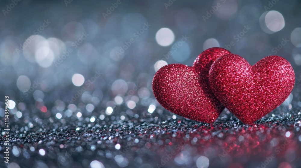 Fototapeta premium Two shimmering red hearts rest on a dark, sparkling surface, creating a romantic and enchanting atmosphere