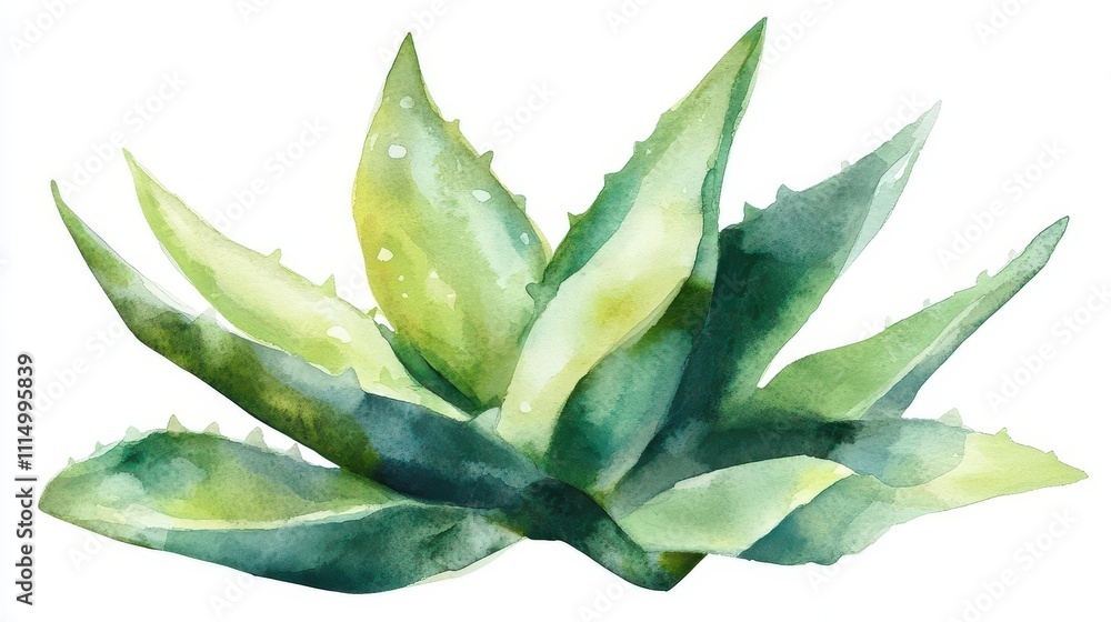 Obraz premium fine watercolor illustration of aloe vera, with detailed textures and vibrant green hues, presented isolated on a white background, symbolizing health and beauty
