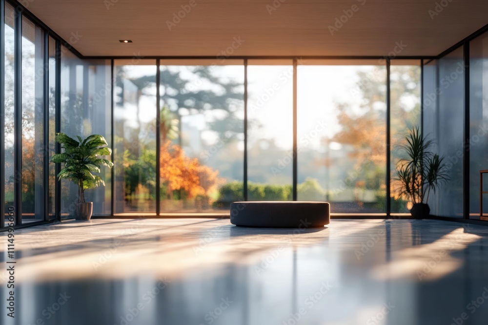 Fototapeta premium Modern office interior with large windows bright natural light minimalist furniture serene atmosphere