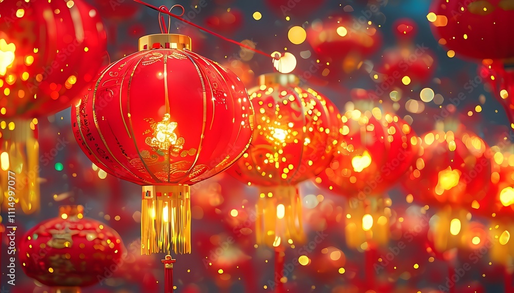 red and gold lanterns with glowing lights on a festive background red and gold lanterns with glowing lights on a festive background