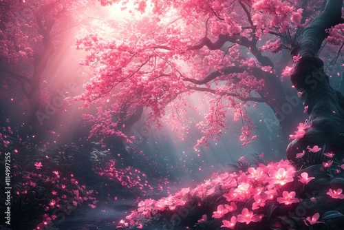 Wallpaper Mural Enchanting Pink Blossom Forest With Glowing Flowers Torontodigital.ca