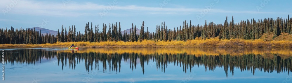 Fototapeta premium Serene landscape with a calm lake reflecting trees and a kayaker.