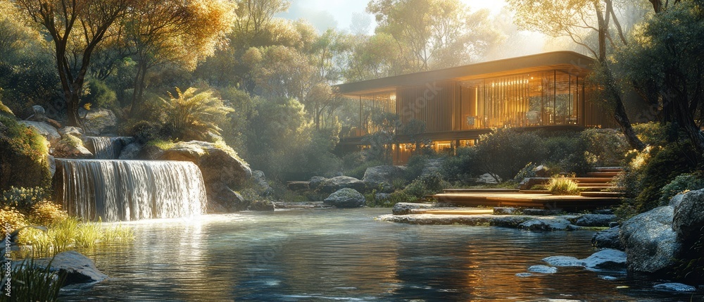 Fototapeta premium A serene modern house beside a tranquil waterfall and lush greenery.