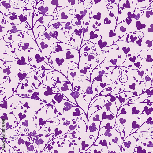 Delicate Purple Hearts Vines Seamless Pattern