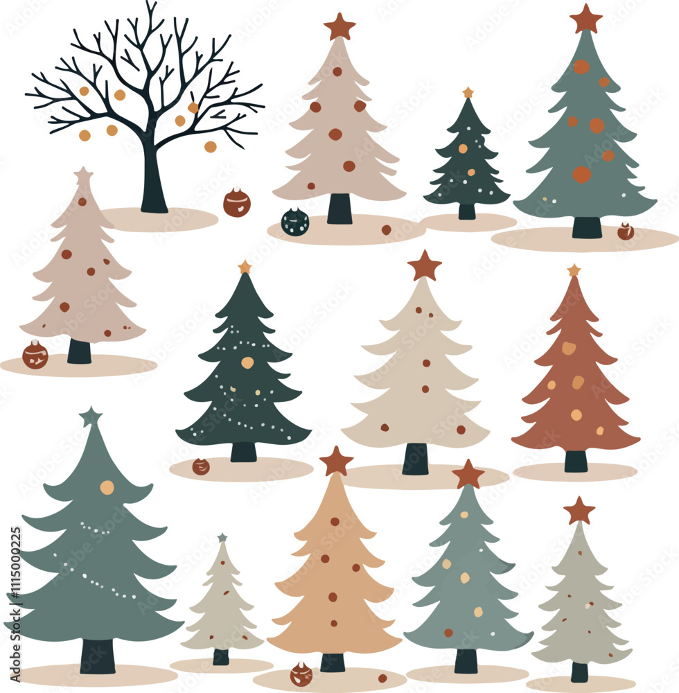 Fototapeta premium Whimsical Christmas Trees and Bare Tree Illustration