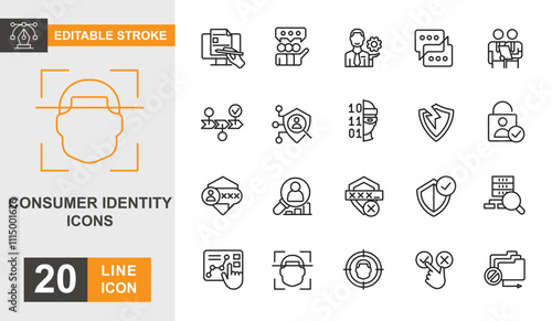 Consumer identity line editable icon set. Account, key, password, scan, privacy, profile and more line icons. 