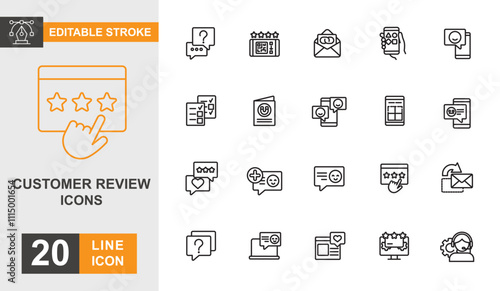 Customer review line editable icon set. Feedback, rating, bubble, like, client, char and more line icons. 