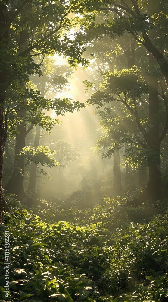Fototapeta premium Shimmering golden light illuminating a mystical forest, golden glow, mystical landscape, artistic interpretation, natural beauty, shimmering effect