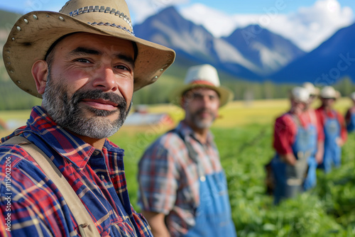 Photography of a Canada group of professional farmers and in outdoor workspace, the team manager is in front. photo