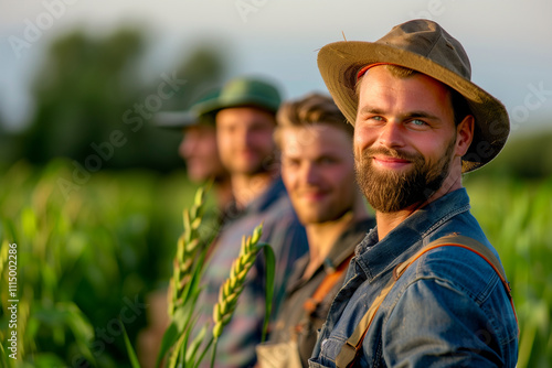 Photography of a Netherlands group of professional farmers and in outdoor workspace, the team manager is in front. photo