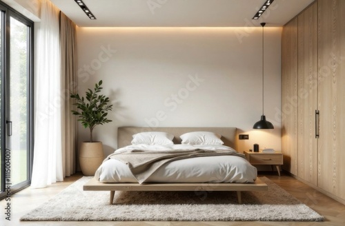 A modern bedroom with minimalist touches including a platform bed, simple decor and a soothing color scheme.