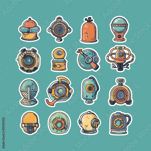 collection of cute vector diving equipment stickers