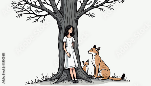 Girl with Foxes Under a Tree