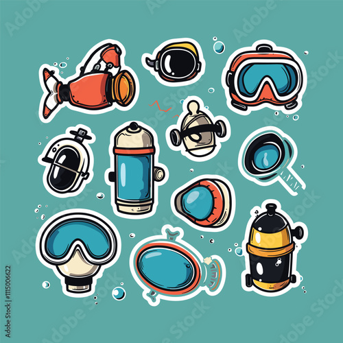 collection of cute vector diving equipment stickers