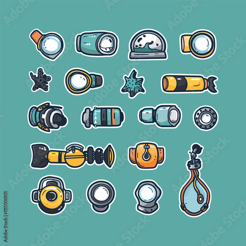 collection of cute vector diving equipment stickers