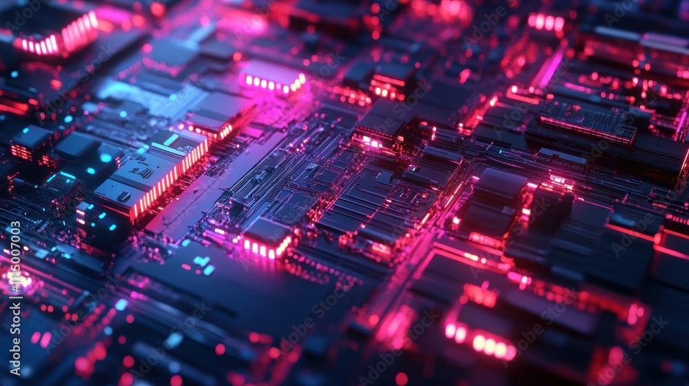 A computer chip with a pink and blue glow A computer chip with a pink and blue glow