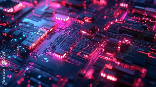 A computer chip with a pink and blue glow