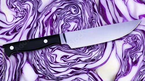 top view of a black knife ontop of a variety of red cabbage. photo