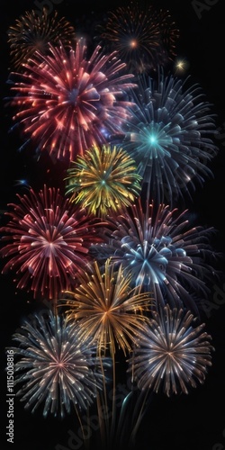 Bright fireworks on a black background.