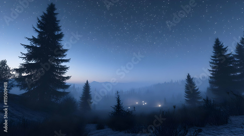 Night Forest 3D Illustration: Misty Pines Under Starry Sky