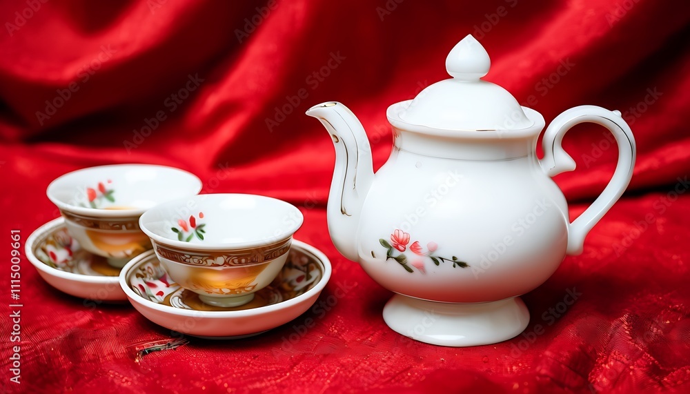 Fototapeta premium tea set on a red cloth background