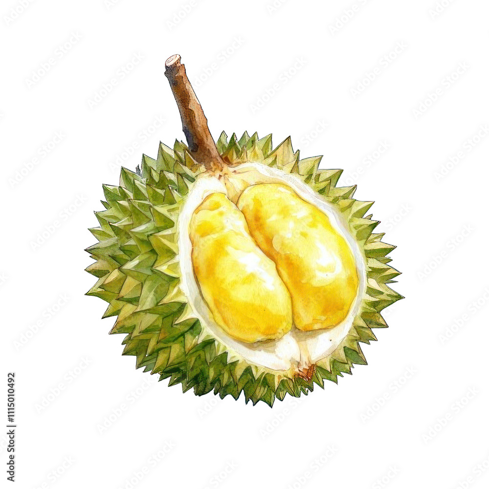 Obraz premium Collection of PNG. Watercolor painting of a yellow durian fruit ready to eat, isolated on a transparency background.