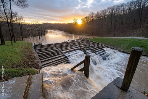 Scenic sunset over a cascading water feature with flowing river, showcasing natural beauty, serenity, and tranquil reflections surrounded by trees and soft clouds. photo