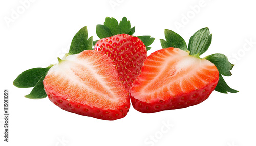 Fresas cortadas por la mitad sobre un fondo transparente, frutillas frescas por mitas sin fondo
