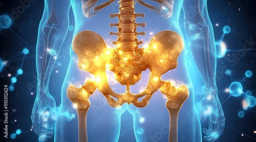 Human Pelvis Anatomy Surrealistic Illustration with Hip Joint Disease and Molecular Structures photo