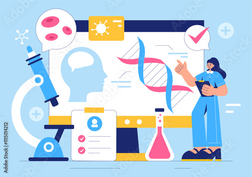 Biomarkers Vector Illustration featuring Biomarker DNA Biology Evidence, Nanotechnology, Structural Chemical Formulas, and Molecular Models