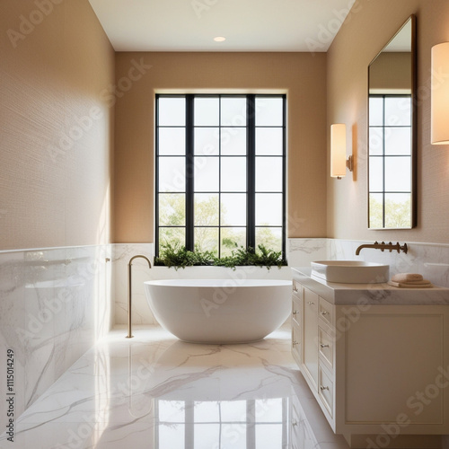 A serene bathroom interior design featuring brownish white walls, marble floors, and a large window allowing natural light to flood the space, with a...