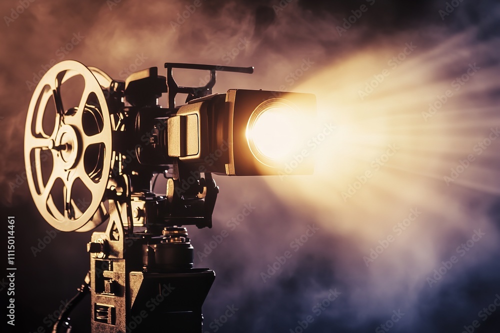 Fototapeta premium Light-emitting vintage film projector with drapes. Generative Ai