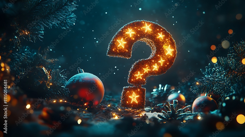 Illuminated question mark with stars among Christmas ornaments and pine branches. Illuminated question mark with stars among Christmas ornaments and pine branches.