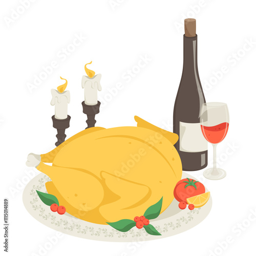 Thanksgiving dinner with turkey and wine