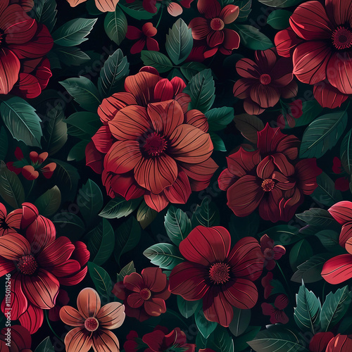 Emerald Burgund Maroon Flowers Seamless Pattern