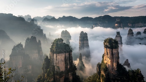 Zhangjiajie National Forest Park China. The floating mountains of Zhangjiajie shrouded in mist, under partly cloudy skies photo